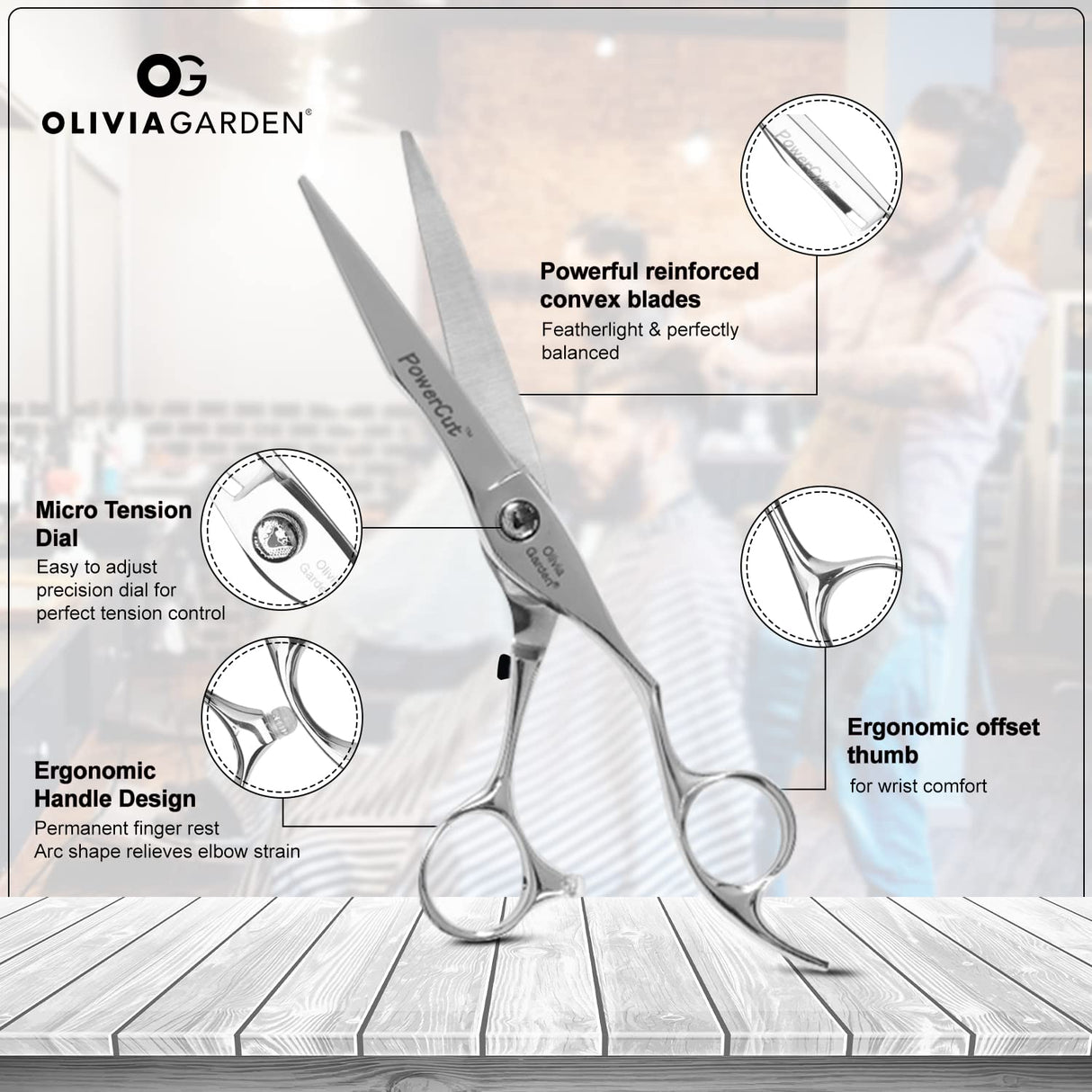 Olivia Garden PowerCut - Tijera para diestros, 6,25" (16 cm)
