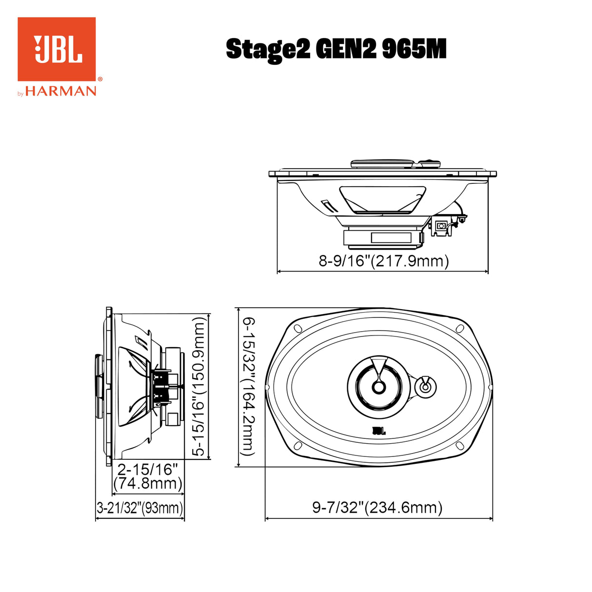 JBL Stage2 GEN2 965M – 6x9 Inch (152x229mm) 3-Way Car Speakers – 70W RMS – 210W Peak – Plus One™ Woofer Cone – with Grilles Audio – Easy Install – Set of 2