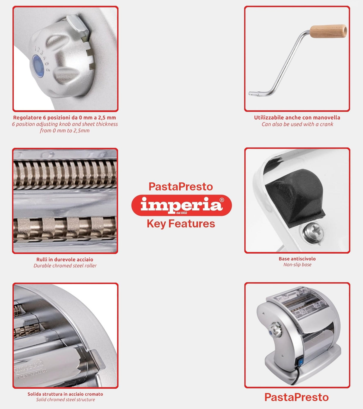 Imperia PastaPresto Línea Clásica. Máquina eléctrica para pasta. 100% Made in Italy. Máquina de pasta fresca con motor eléctrico 220v. Laminadora eléctrica para lasagne, tagliolini, fettuccine.