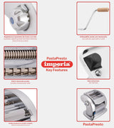 Imperia PastaPresto Línea Clásica. Máquina eléctrica para pasta. 100% Made in Italy. Máquina de pasta fresca con motor eléctrico 220v. Laminadora eléctrica para lasagne, tagliolini, fettuccine.