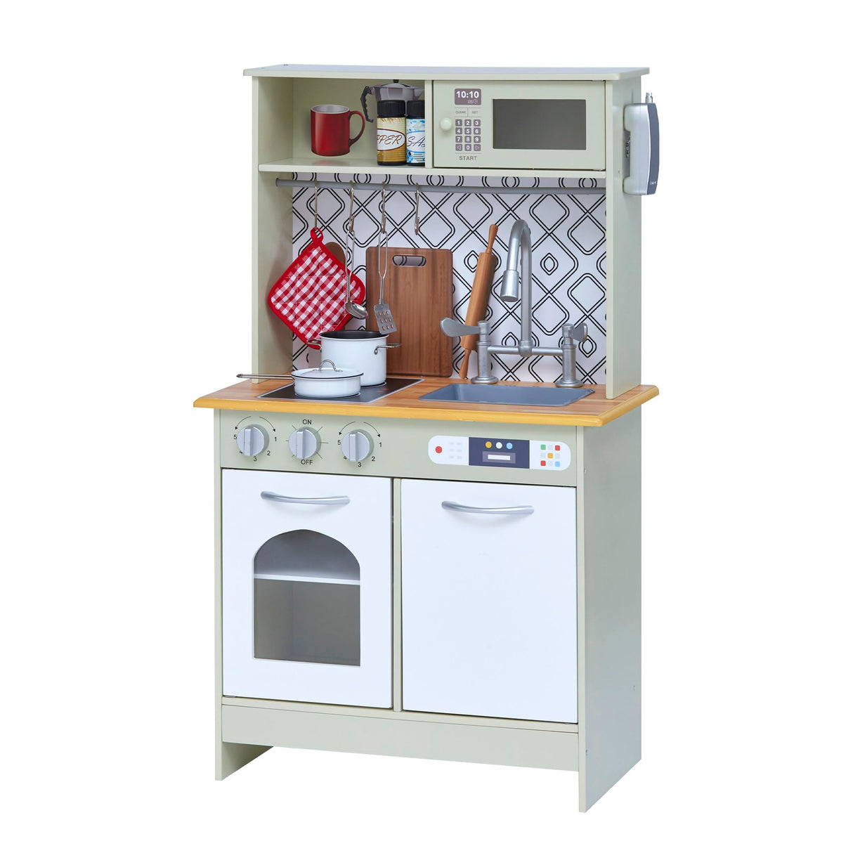 Teamson Kids Little Chef Boston Modern Farmhouse - Juego de Cocina de Madera con Funciones interactivas y 9 Accesorios de Cocina de Juego, Verde Claro/Blanco TD-12679D