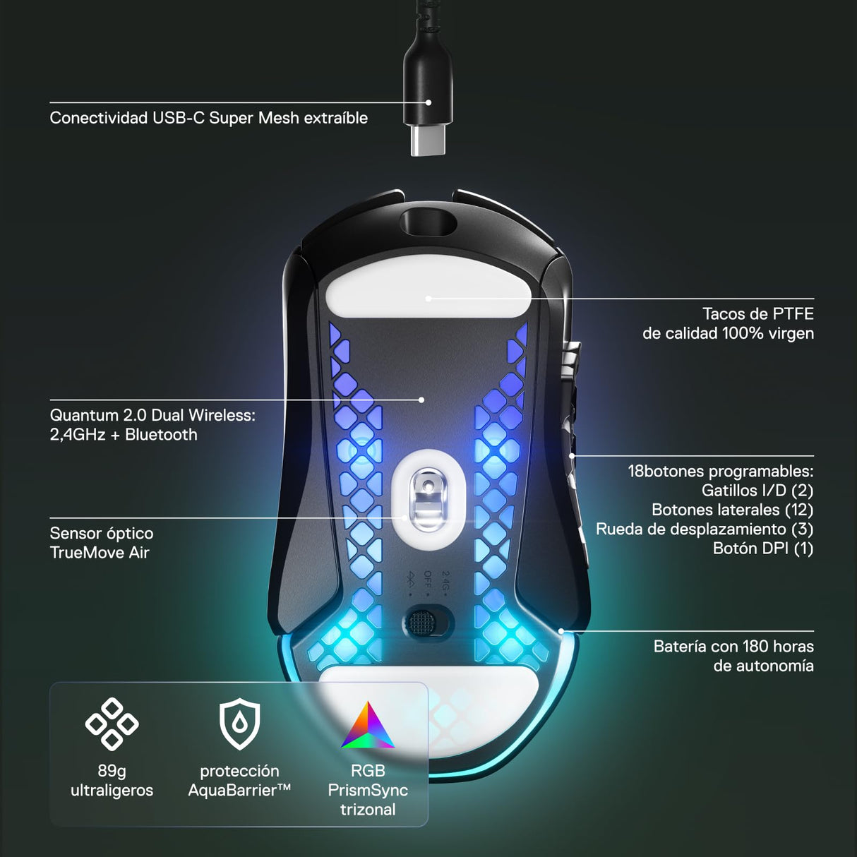 SteelSeries Aerox 9 Wireless - Ratón gaming RGB - Ultraligero resiste al agua - 18 botones - Bluetooth/2,4 GHz - Sensor TrueMove Air 18K DPI