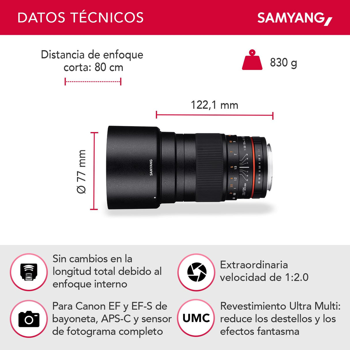 Samyang 135 mm F2.0 para Canon EF - Teleobjetivo de fotograma completo y distancia focal fija APS-C para cámara Canon EF/ EF-S, enfoque manual, para Canon EOS-1D X Mark III, 6D Mark II, 5D Mark IV