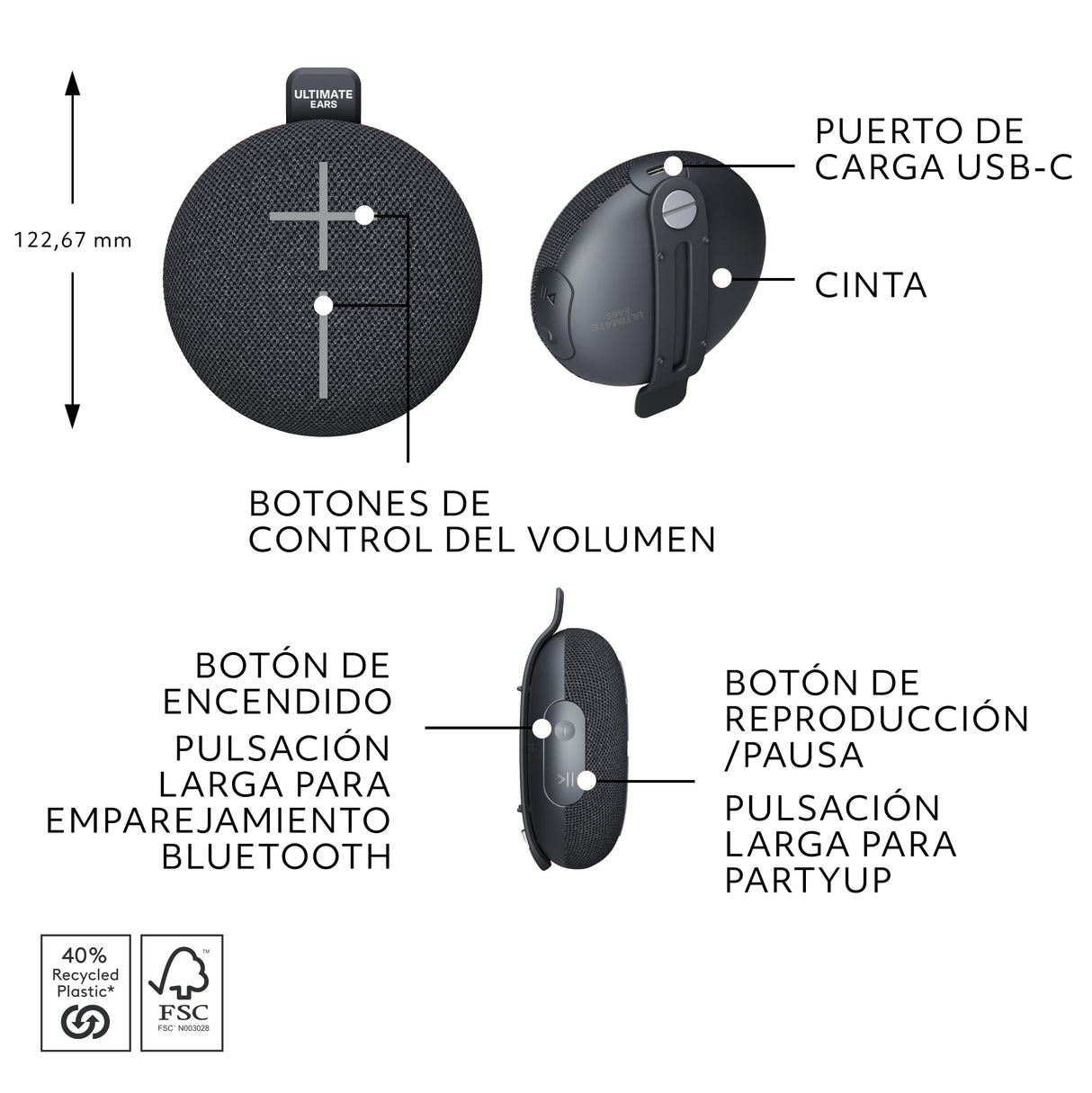 Ultimate Ears MINIROLL, Altavoz Bluetooth Resistente al Agua y ultraportátil, Graves potentes, IP67 a Prueba de Polvo, Radio de acción de 40 m (Gentle Black)