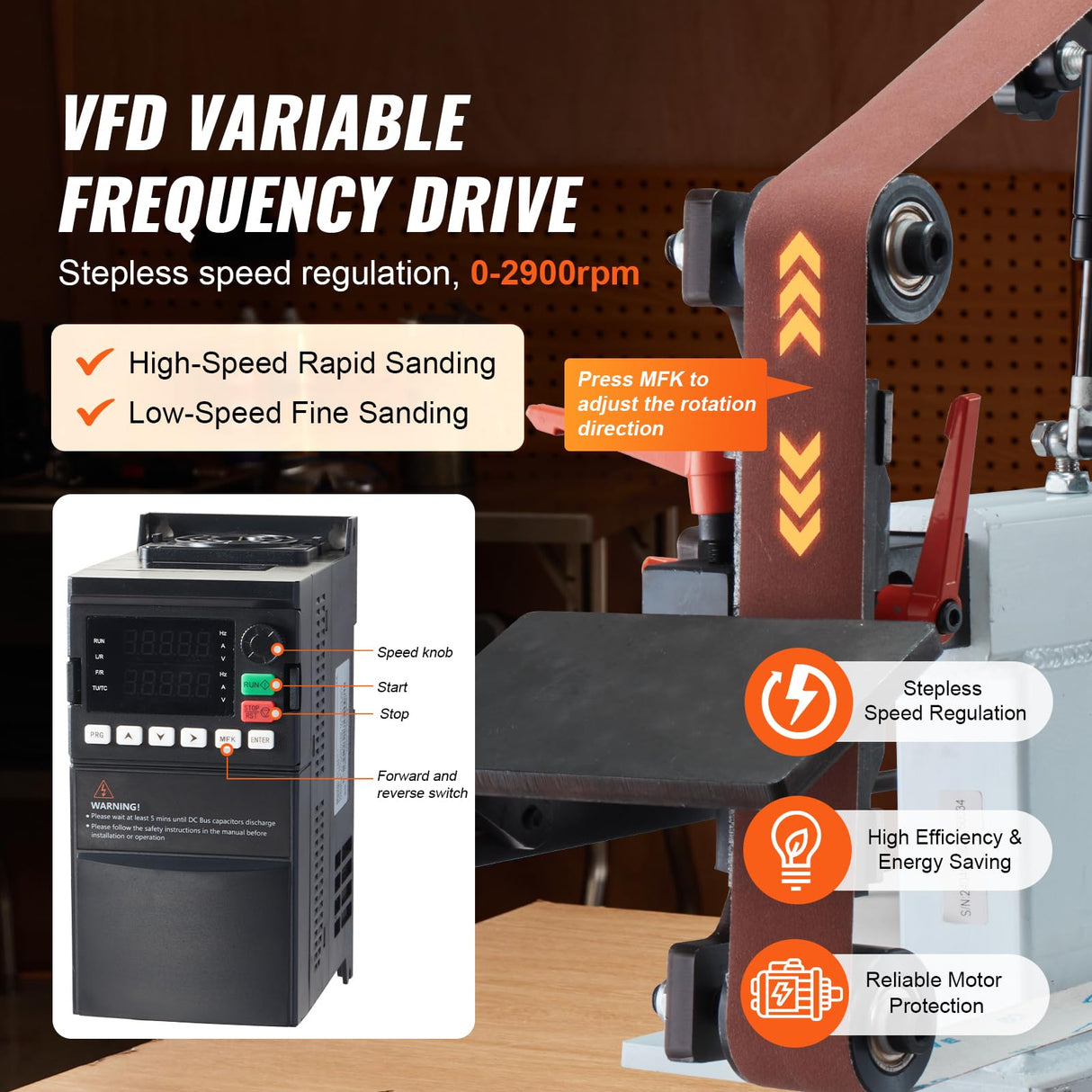 VEVOR Lijadora de Banda, Velocidad Variable de 850 x 300 x 470 mm con VFD, Pulidora de Banda de 1500 W y 2 HP con 3 Moldes de Pulido y 3 Bandas de Lijado para Trabajar Metales y Fabricar Cuchillos