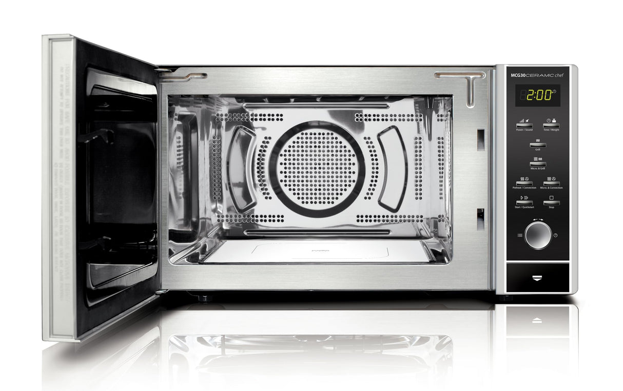 CASO MCG 30 Ceramic Chef - microondas 3 en 1 sin plato giratorio de 900W con grill de 1200W y aire caliente de 2100W - Capacidad grande de 30L - pantalla digital, frontal espejado - negro