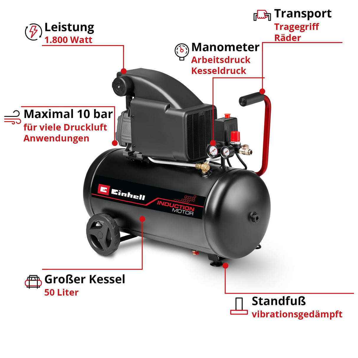 Einhell compresor TC-AC 270/50/10 (1800 W, máx. 10 bar, depósito de 50 l, lubricado con aceite, manómetro para presión de trabajo y de caldera, 270 l/min potencia de aspiración, reductor de presión)