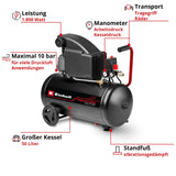 Einhell compresor TC-AC 270/50/10 (1800 W, máx. 10 bar, depósito de 50 l, lubricado con aceite, manómetro para presión de trabajo y de caldera, 270 l/min potencia de aspiración, reductor de presión)
