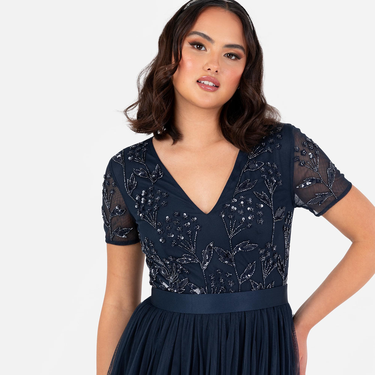 Maya Deluxe Women's Maxi Dress Ladies Floral Sequin Embellished V-Neck Short Sleeve Tulle Sash Tie Belt Empire A-Line Bridesmaid, Navy Blue, 52