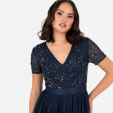 Maya Deluxe Women's Maxi Dress Ladies Floral Sequin Embellished V-Neck Short Sleeve Tulle Sash Tie Belt Empire A-Line Bridesmaid, Navy Blue, 52