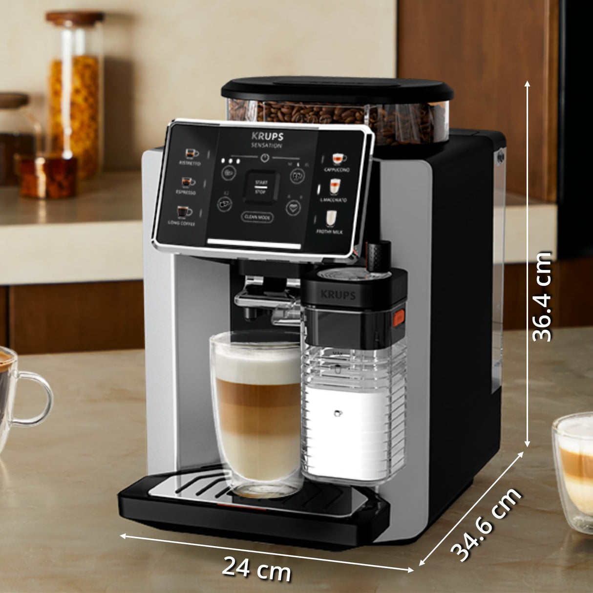 Krups Sensation Milk, Cafetera Automática, 6 Bebidas a Base de Café y Café con Leche, Tecnología Milk Maestro, Jarra de leche integrada, Fácil de Usar, Plateado, EA912E10