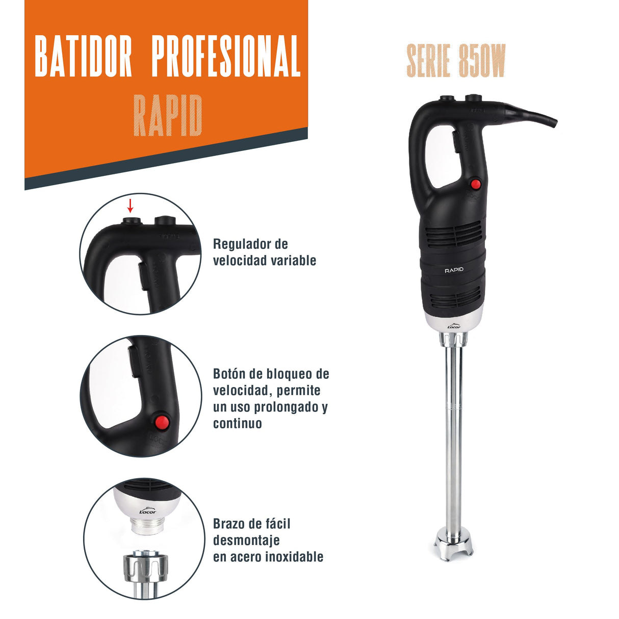 Lacor - 69978 - Batidora profesional con brazo triturador y batidor intercambiable, mango ergonómico, materiales de alta calidad, apta para ollas hasta 200L, 850W, velocidad variable.