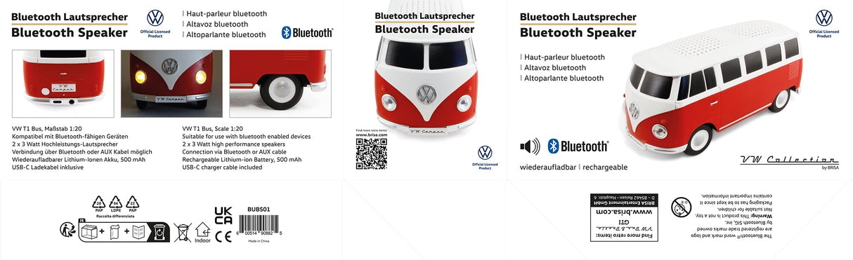 BRISA VW Collection - Altavoz portátil Bluetooth inalámbrico Volkswagen T1 Camper Bus (Escala: 1:20/Bus Clásico/Rojo)