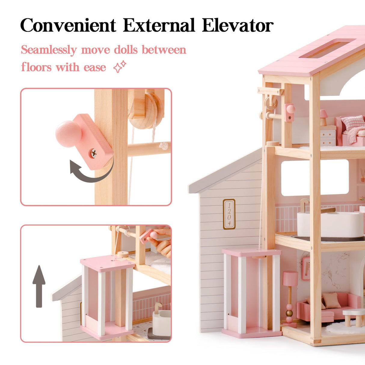 ROBUD Casa de muñecas de Madera,Villa de muñecas con Muebles,con Ascensor, Garaje, cenador y Piscina,Regalo para niños a Partir de 3, 4, 5, 6 años y Mayores,Rosa