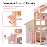 ROBUD Casa de muñecas de Madera,Villa de muñecas con Muebles,con Ascensor, Garaje, cenador y Piscina,Regalo para niños a Partir de 3, 4, 5, 6 años y Mayores,Rosa