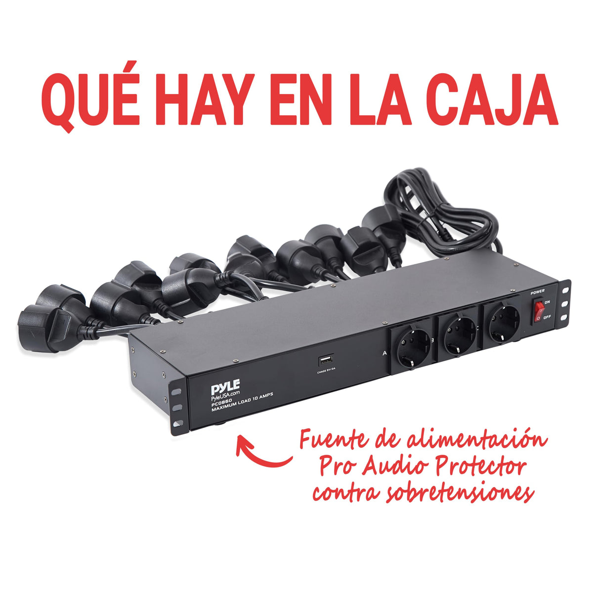 Pyle 19” Outlet 1U, PDU de montaje en rack, Fuente de distribucion de energia, Protector contra sobretensiones, Disyuntor de 15 amperios, Puerto de carga para multiples dispositivos USB, Cable de 15ft