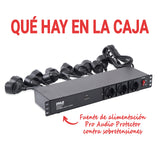 Pyle 19” Outlet 1U, PDU de montaje en rack, Fuente de distribucion de energia, Protector contra sobretensiones, Disyuntor de 15 amperios, Puerto de carga para multiples dispositivos USB, Cable de 15ft