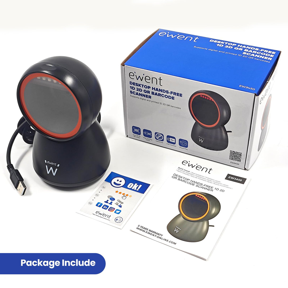 Ewent EW3450 Lector de códigos de Barras QR 1D 2D omnidireccional con Cable USB, Manos Libres, escaneo automático con detección de imágenes. Comercios, almacenes, supermecados.etc