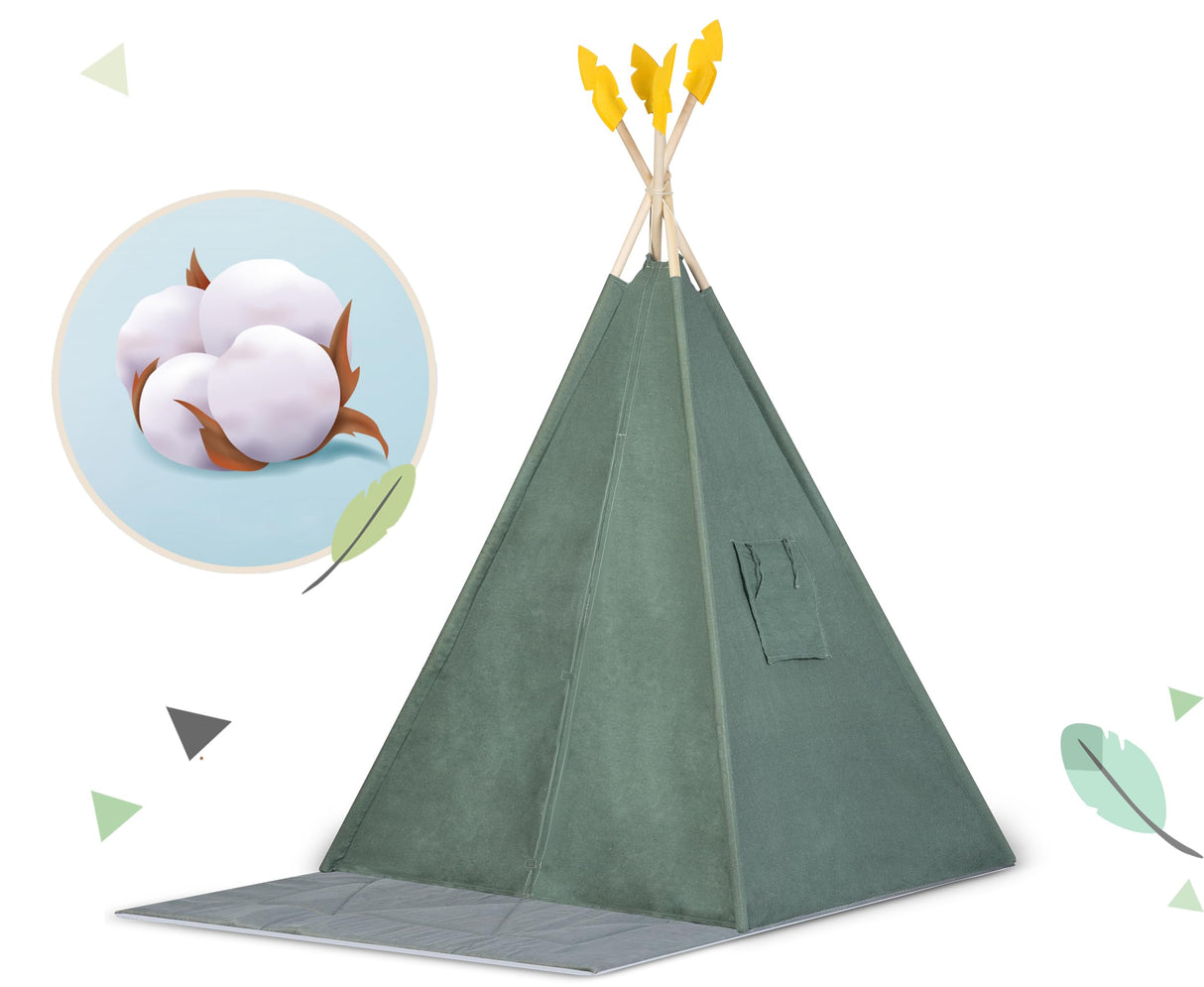Nukido, Tienda Infantil Tipi Teepee Verde con Guirnalda, Almohadas, estabilizador Grande