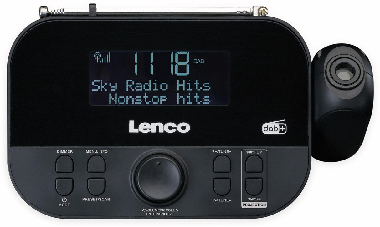Lenco 810011 cr-615 Reloj Despertador con proyección Dab+ - Radio Digital con Dab+ y FM PLL - 30 emisoras memorables - Despertador de Dos Horas - proyector de 180 Grados - conexión de 3,5 mm - Negro