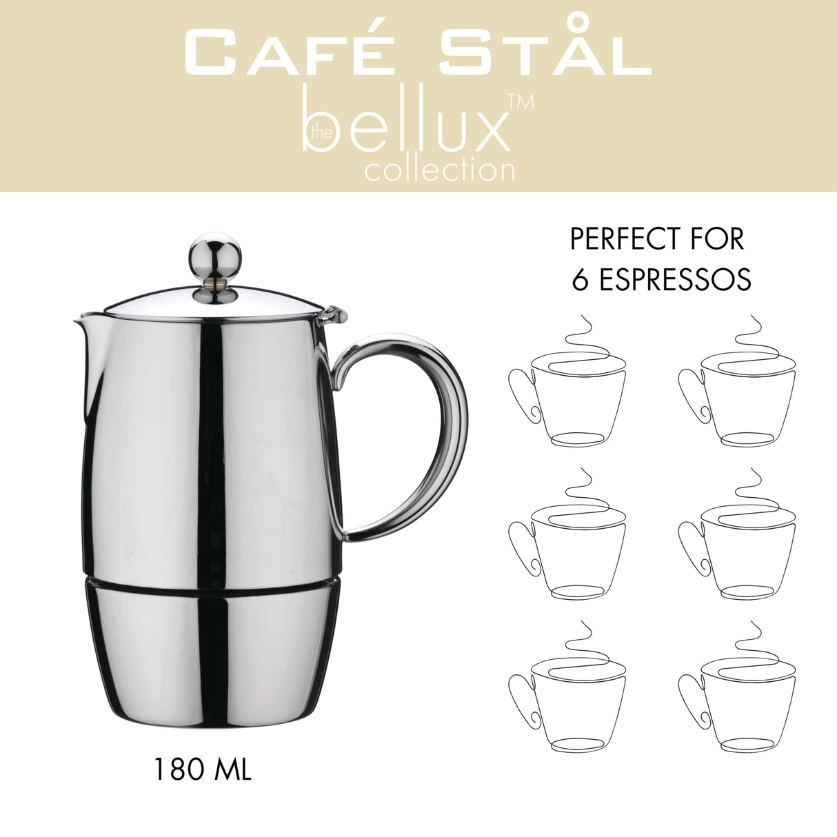 Café Stal BEC-06M Café Stål Bellux Range 18/10 - Cafetera espresso de acero inoxidable estilo clásico para estufa, diseño de olla Moka italiana, asas huecas de tacto frío, 6 tazas (280 ml)