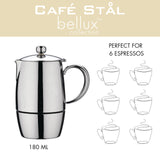 Café Stal BEC-06M Café Stål Bellux Range 18/10 - Cafetera espresso de acero inoxidable estilo clásico para estufa, diseño de olla Moka italiana, asas huecas de tacto frío, 6 tazas (280 ml)