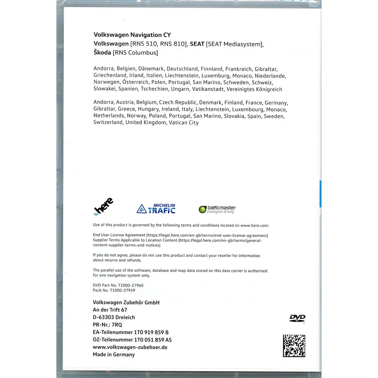 Volkswagen DVD-ROM de navegación 1T0051859AS Europe West V17, solo para RNS 510/810, solo para la plataforma de dispositivos CY