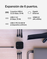 Belkin Base de Acoplamiento USB-C GAN 6 en 1 de 130 W Connect, estación multipuerto con 96 W (PD), USB-C, USB-A, Gigabit Ethernet y HDMI 4K para videoconsolas, MacBook Pro, portátiles PC y Chromebook