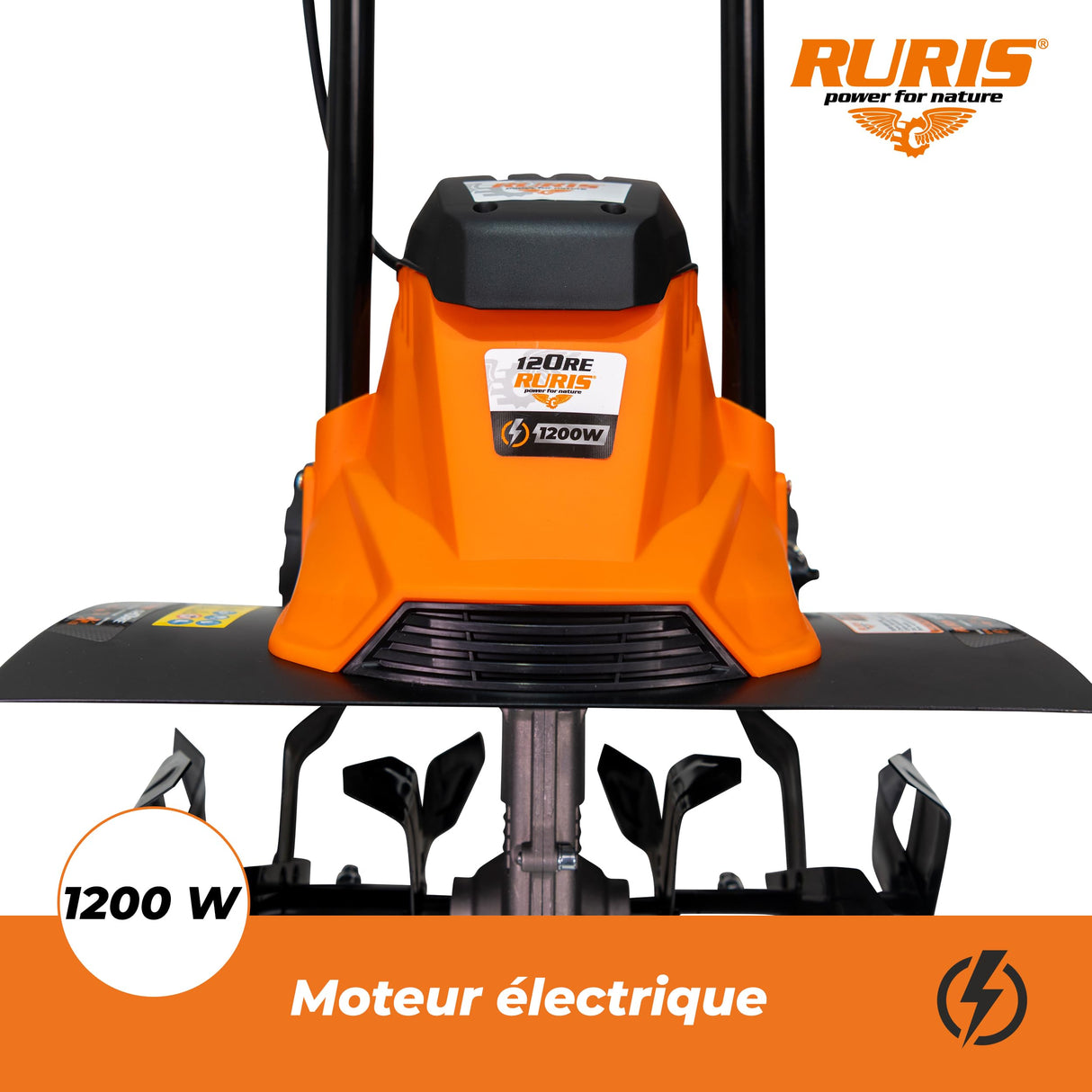RURIS Motobinadora eléctrica 120RE - 1200W, Ancho 400 mm, Profundidad 220 mm, 24 Cuchillos, Freno electrónico, 2 Ruedas, Ligera y silenciosa