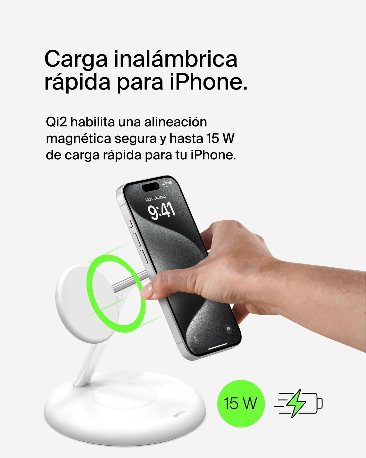 Belkin soporte de carga inalámbrica 3 en 1 con MagSafe, cargador magnético Qi2 de 15 W, carga rápida para iPhone 16, 15, 14 y 13, AirPods, Apple Watch y otros (fuente de alimentación incluida), blanco