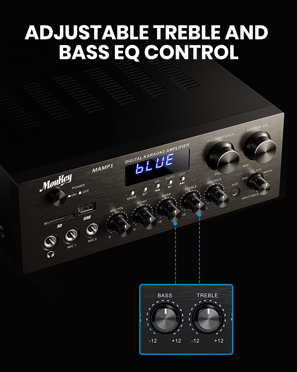 Moukey Receptor de Amplificador de Audio Estéreo de 2 Canales, Bluetooth Amplificador Audio 200W con USB, SD, AUX, RCA, Mic in con Echo, Radio, LED para Casa Altavoz, MAMP1