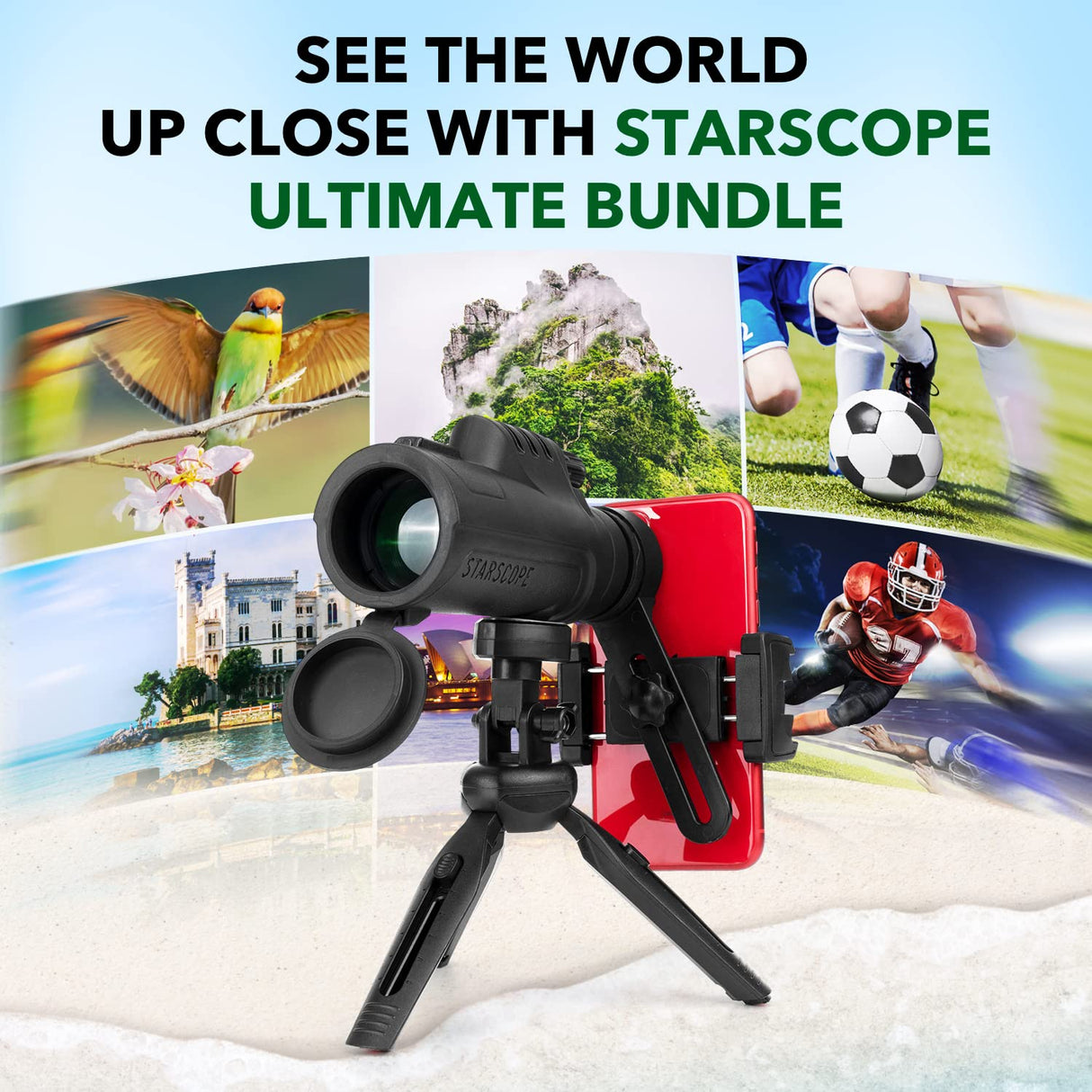 STARSCOPE Pack Smartphone Telescopio Monocular Starscope G3 Pro - Kit Que Incluye un Visor Monocular móvil 10x42 para iPhone y Android, trípode para monocular, Adaptador para teléfono y Mucho más