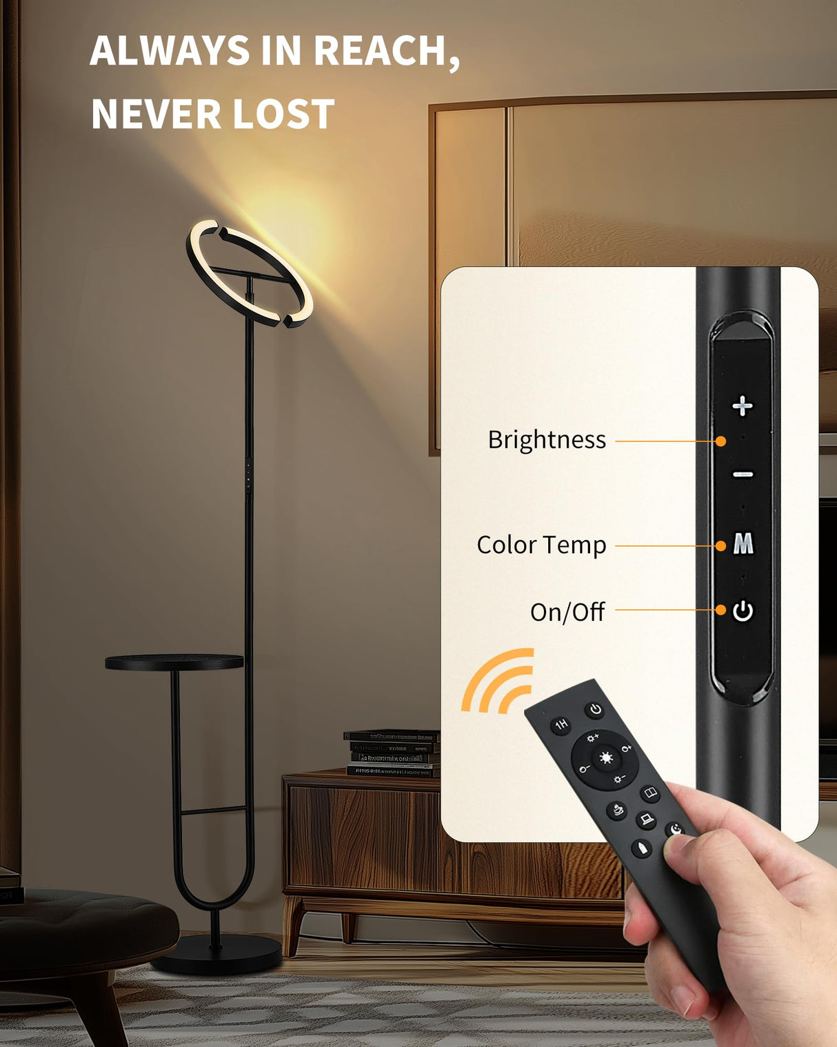 LuminexDesigns Lámpara de Pie con Mesa – Lámpara LED Regulable 36W con Mando a Distancia y Control Táctil, Cabezal Giratorio 360°, 2700K–6500K, Moderna para Salón, Oficina, Dormitorio – Negro