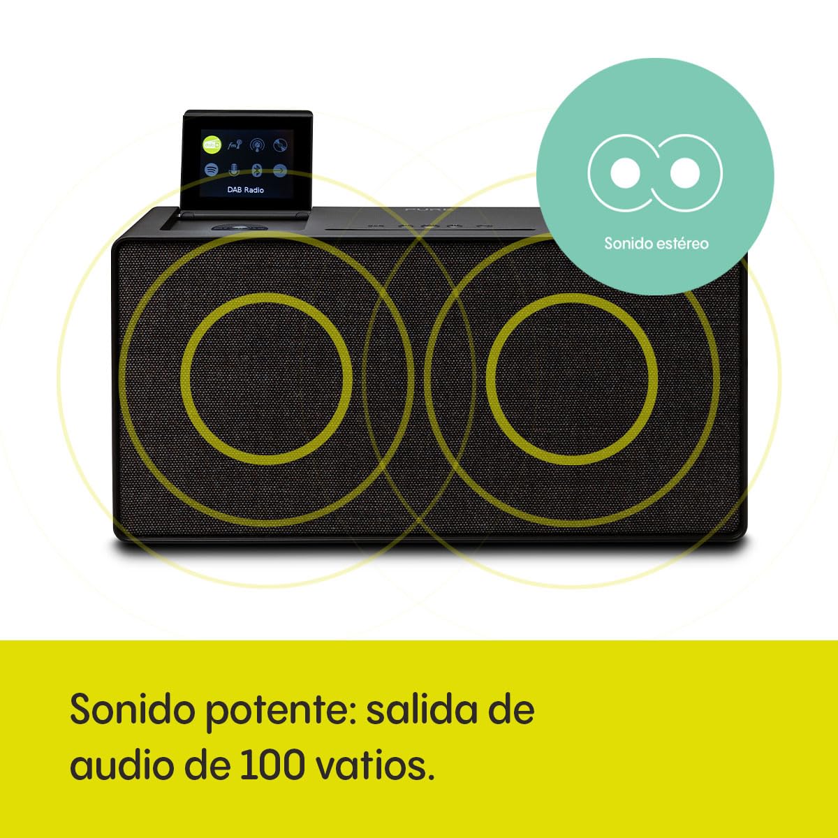 Sistema de música doméstica Pure Evoke Home Todo en uno con Radio Dab+ /FM, Radio por Internet, podcasts, Spotify Connect, Bluetooth, CD y una Potente Salida de Audio estéreo de 100 W, Negro café