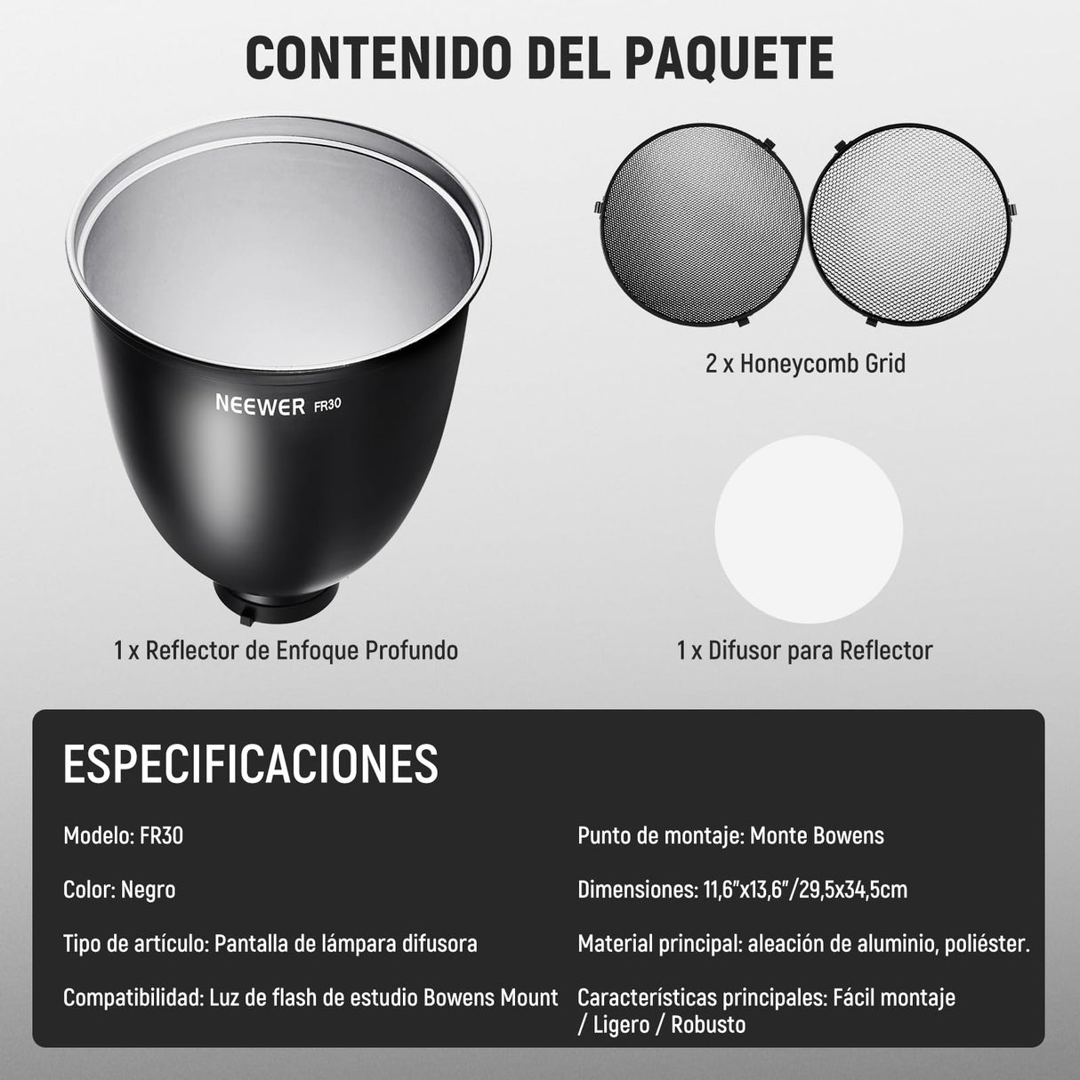 NEEWER 11,6"/29,5cm Soporte Bowens Reflector Enfoque Profundo con 15°/30° Honeycomb Grids y Tela Suave, 45° Pantalla Difusor Compatible con Godox NEEWER Estudio Strobe Flash Luz Speedlite, FR30