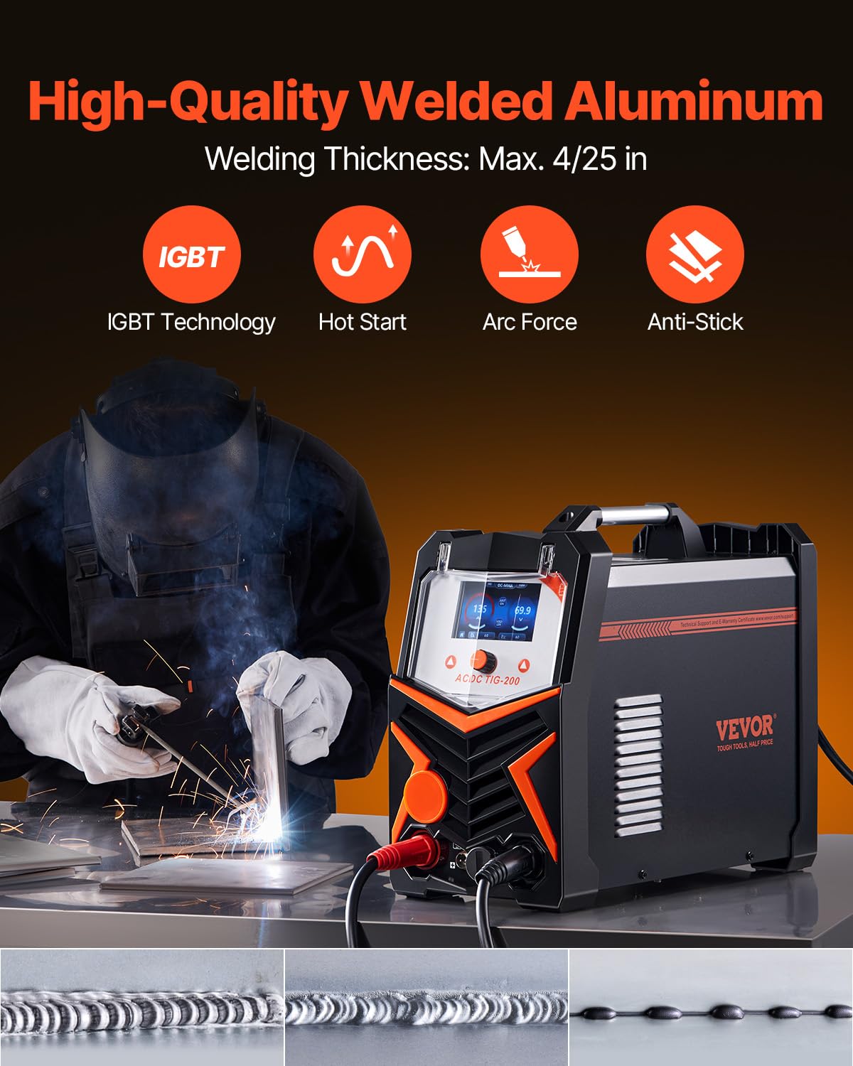 VEVOR Soldador TIG, Máquina de Soldadura Aluminio 6 en 1 de 200 A, Pantalla LED, Eléctrico Máquina de Soldadura TIG con Control Sinérgico IGBT, Ideal para Uso al Aire Libre, 430 x 210 x 360 mm
