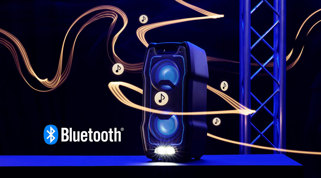 SHARP PS-931 Party Speaker, microfono, TWS, Bluetooth, 2 x USB, 2 puertos 6,3 mm para microfono y guitarra, luces multicolor, 180W p. maxima, bateria litio integrada con hasta 13 horas de reproduccion