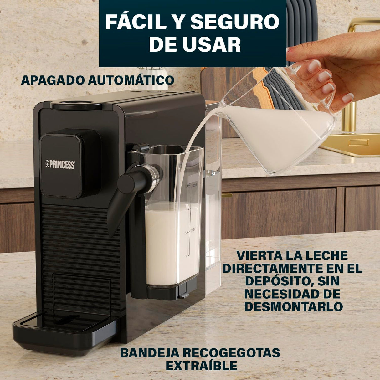 Princess Capsule and Latte Pro Cafetera de Cápsulas, Compatible Nespresso, Leche Automática, 20 Bares, 1400W, Libre de BPA, Partes Lavables, Apagado Automático, 01.249455.01.001