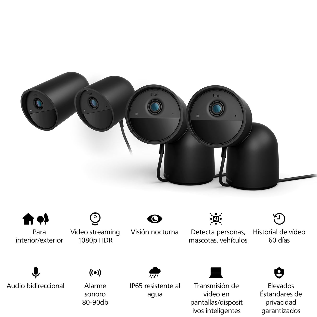 Philips Hue Secure Cámara de Video Vigilancia Inteligente con Base, para Exteriores o Interiores, Versión con Cable, Full HD Video, Control de Seguridad e Iluminación en Una Sola App, Negro