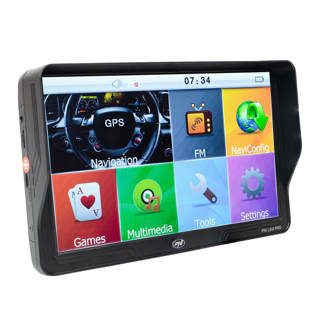 PNI L910 Pro - Navegador GPS con Parasol (9 Pulgadas, 800 MHz, 512 MB DDR, Memoria Interna de 16 GB, transmisor FM, Color Negro)