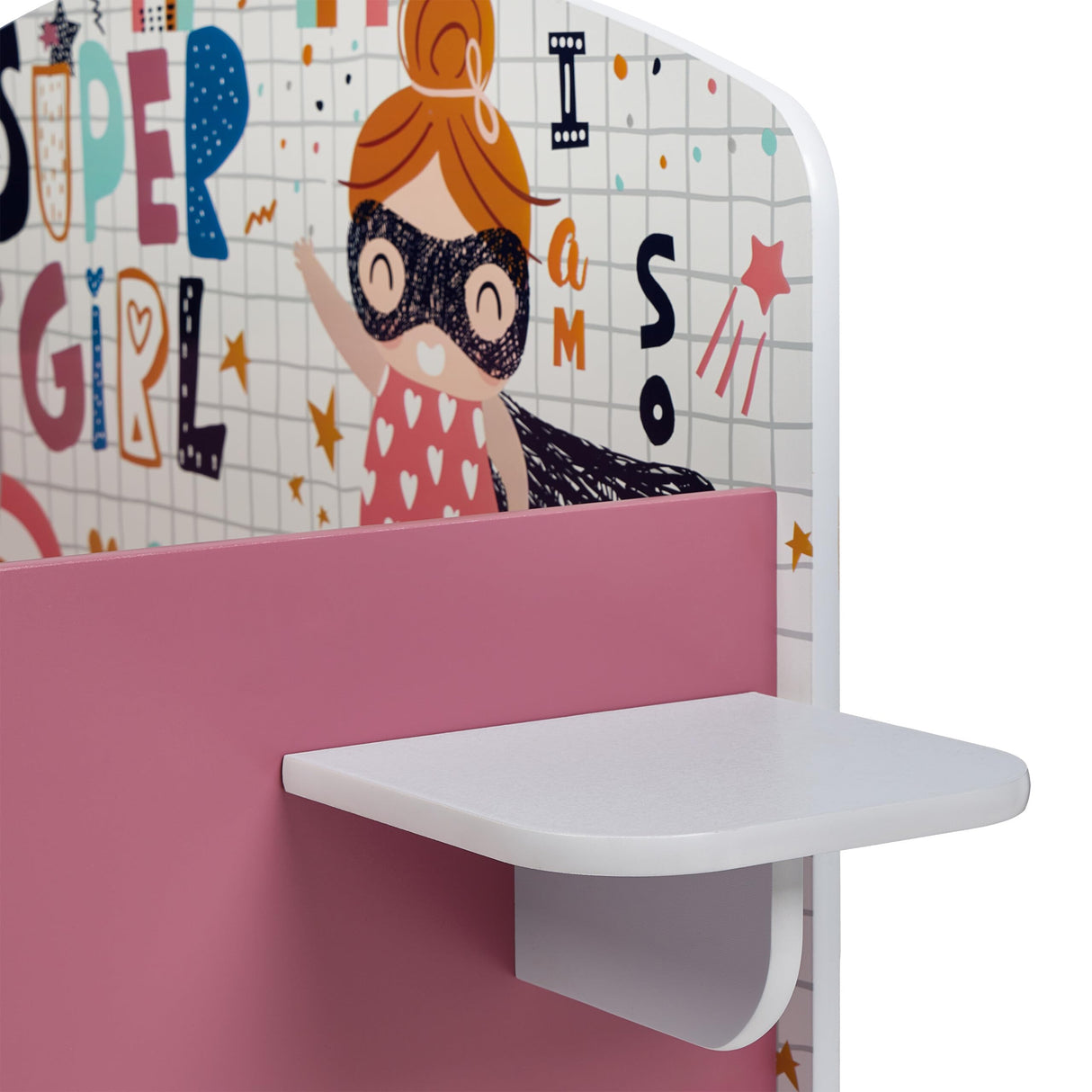 Relaxdays Cama Infantil con Estante, Baja, Somier Láminas, Barandillas, Diseño Superheroína, 60x94x143cm, Multicolor