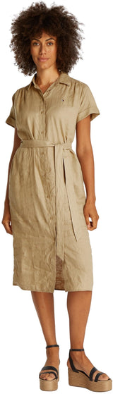 Tommy Hilfiger Vestido camisero Mujer Linen Belted de manga corta, Marrón (Camel), 38