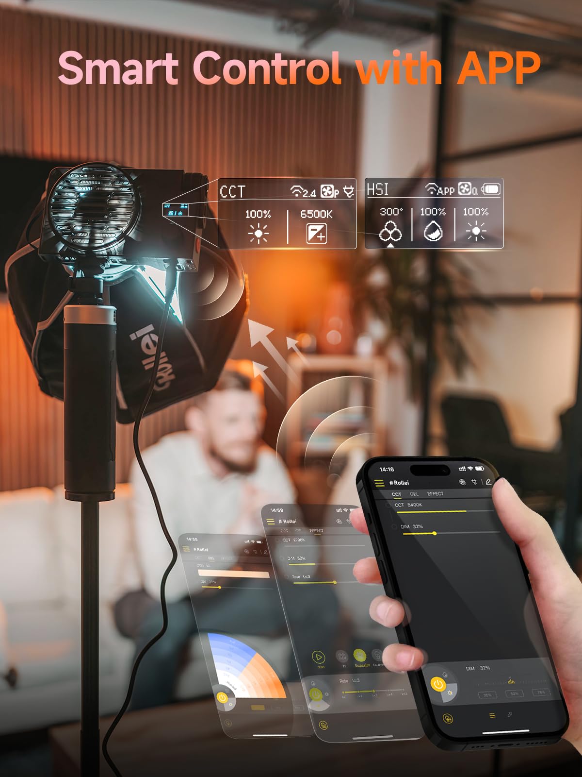 Luz Video, Rollei Lux 100W Foco Vídeo Profesional Portátil 345g, Iluminación Continua DC/Tipo C con Candela App para Filmación Entrevistas Transmisión, Luz-Video-Foco-LED-Fotografia