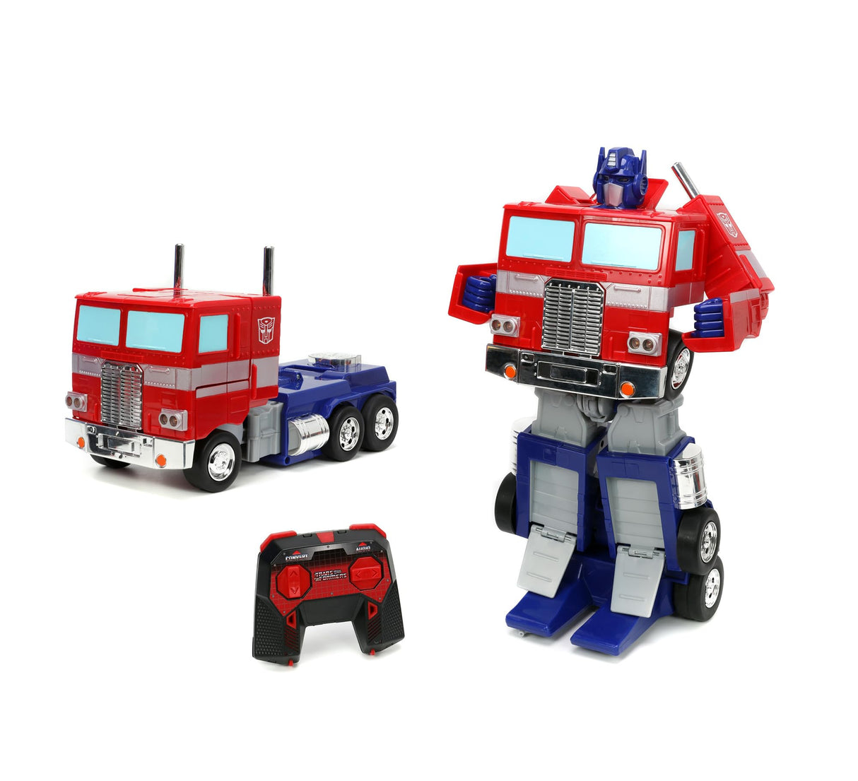Jada Transformers Converting RC Optimus Prime - Coche de Control Remoto Modelo G1 Original - 30 cm de Largo en Modo camión, pie 35 cm de Alto Convertido en Modo Autobot con Luces Sonidos y Voz