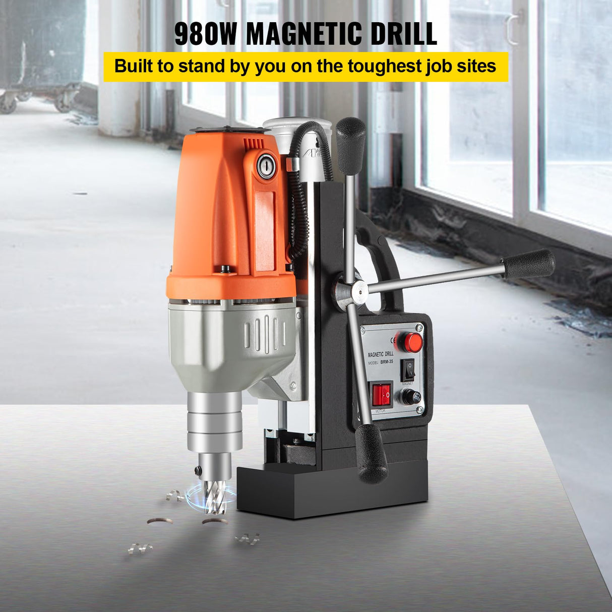 Mophorn Taladro Magnético, 980 W Taladro de Núcleo Magnético, 35 mm Taladro Magnético de Columna BRM-35, 12000 N Taladro Electromagnético, Sistema de Perforación Electromagnética