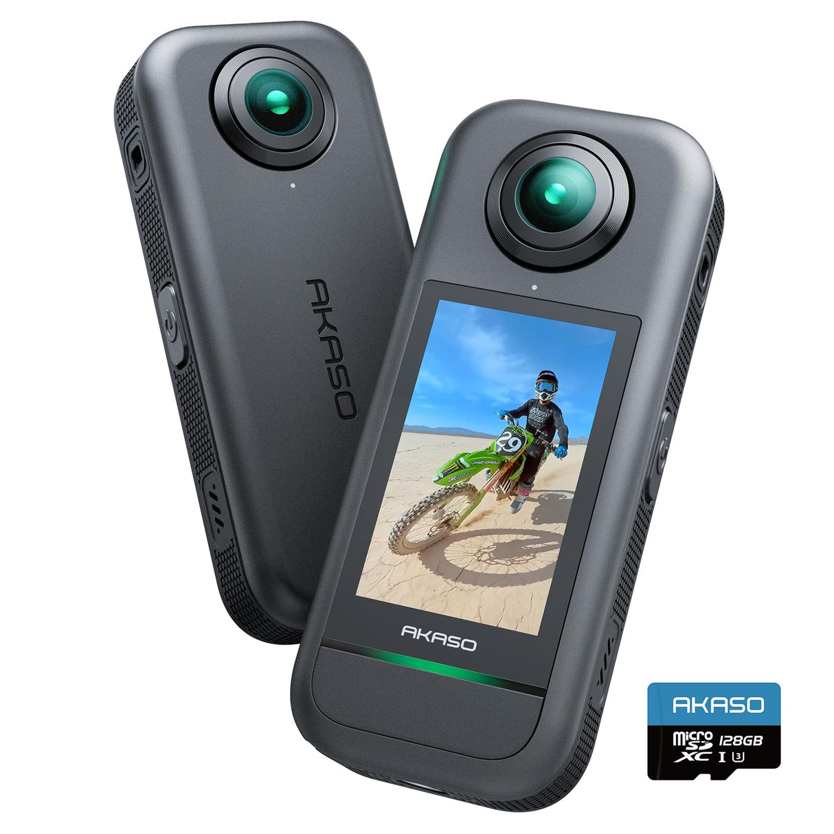 AKASO 360 Cámara de acción 360 con 128GB microSDXC U3 Tarjeta de Memoria, Sensor de 1/2", 5.7K 360, Fotos 72MP, Pantalla táctil de 2.29", Cámara Deportiva 360, Estabilización, para Deportes