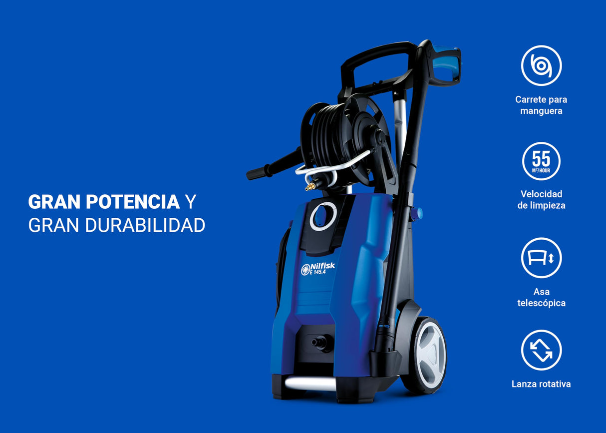 Nilfisk Hidrolimpiadora de Alta Presión E 145 Bares + Pulverizador de Espuma + Limpiador de Patios + Cepillo (2100 W)