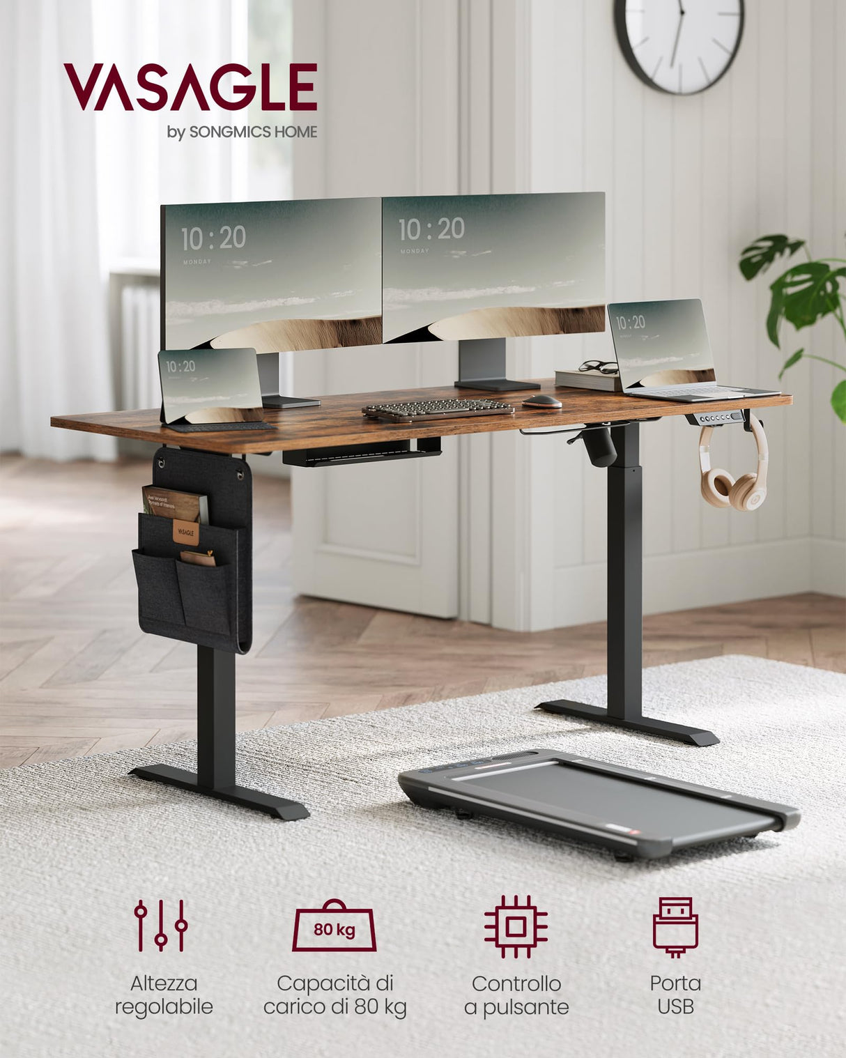 VASAGLE Escritorio Eléctrico de Altura Regulable, 60 x 160 x (72-120) cm, Ajuste Continuo, Función de Memoria con 4 Alturas, Marrón Rústico LSD176X01V1