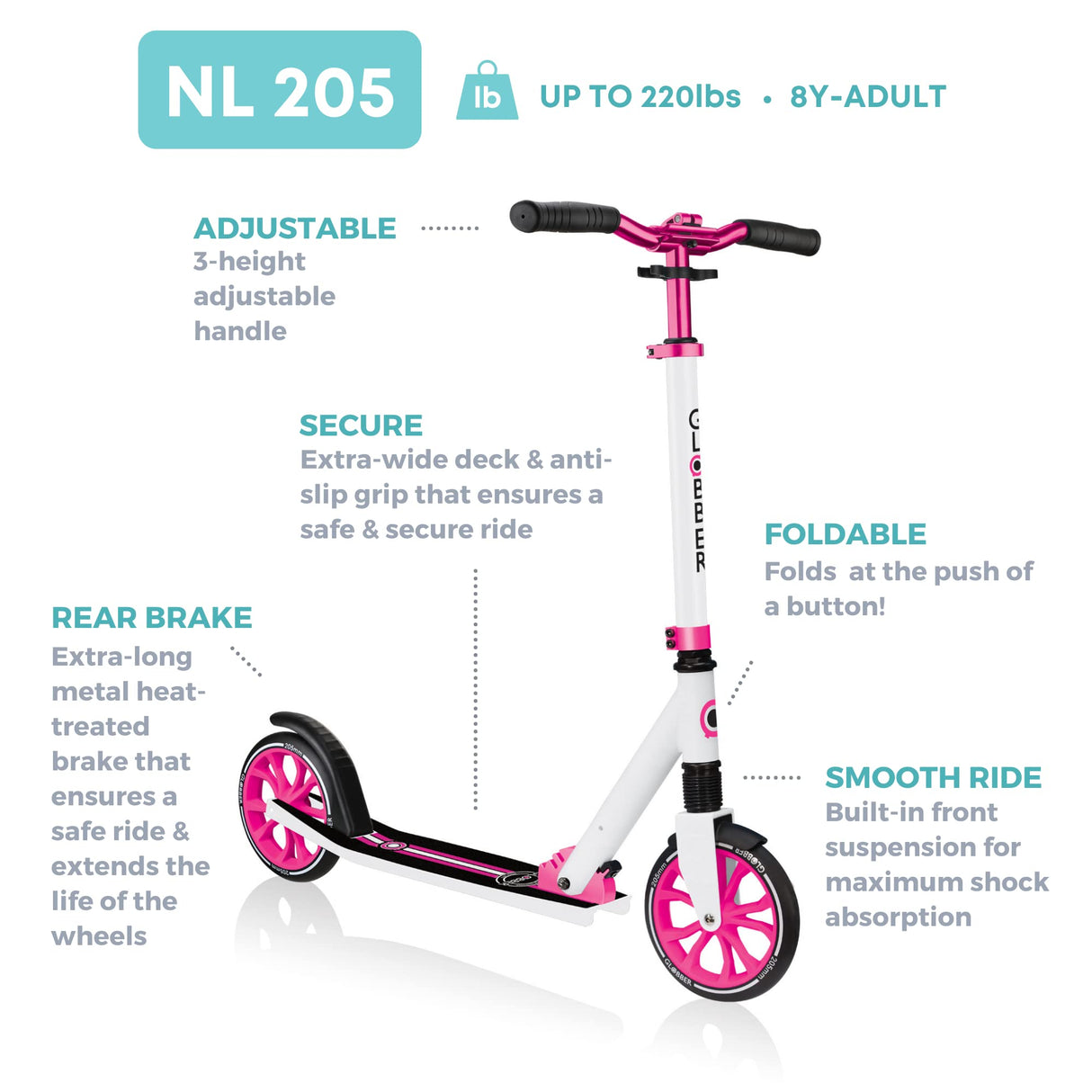 Globber - NL 205 - Patinete plegable de 2 ruedas con suspensión para niños de 8 años + , Blanco - Rosa