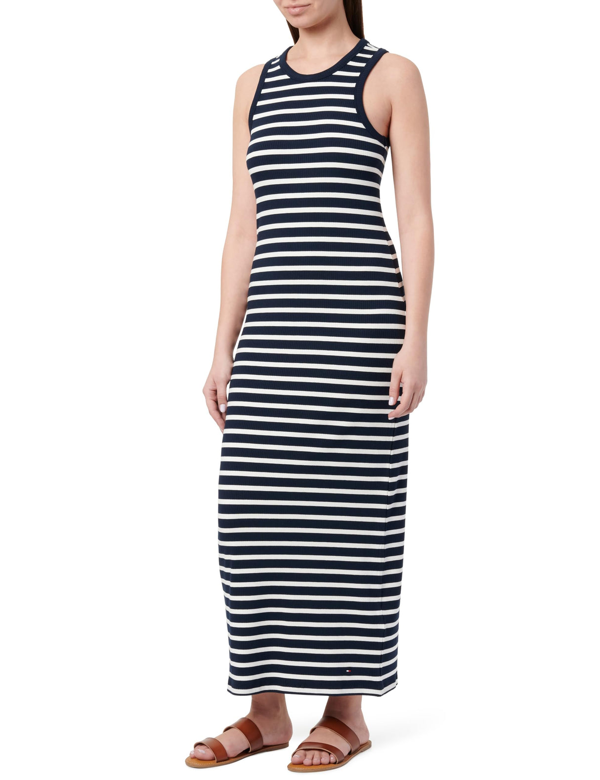 Tommy Hilfiger Mujer Vestido Midi Dress Slim Fit, Multicolor (Dark Night Navy/Ecru STP), L